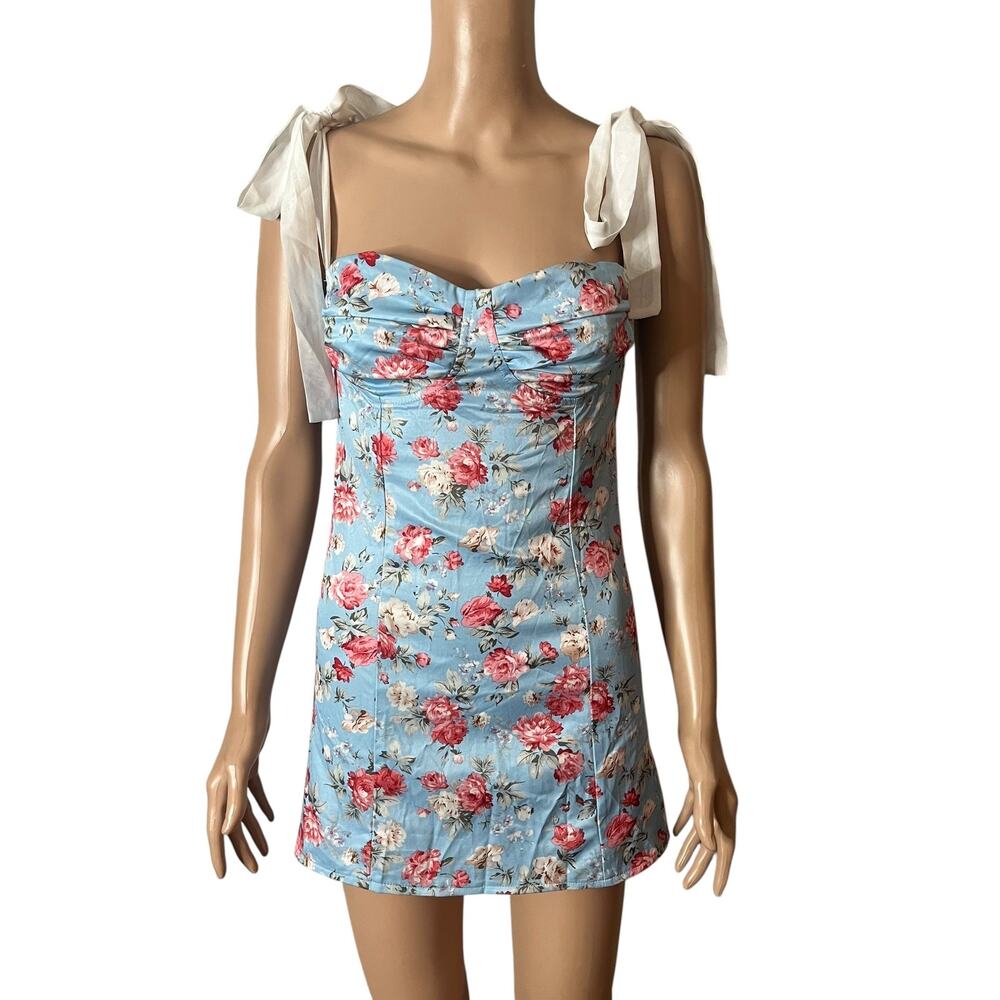 O.Vianca Mini Dress Womens Small Blue Floral Print Tie Shoulder Sweetheart